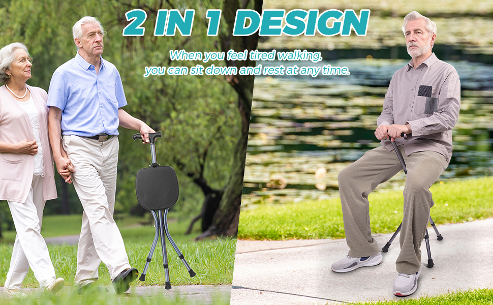 Multifunctional Folding Walking Cane with Seat - Adjustable Height Walking Stick with LED Light, Ergonomic Handle & Stable Tri-pod Frame for Elderly