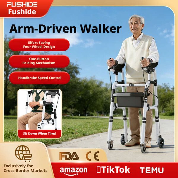Wheels and Seat, Aluminum Alloy, Four-Wheel Cane for Disabled, Rehabilitation Walking Aid with Arm Support