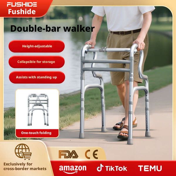 Foldable four-legged walker for the elderly, rehabilitation aid, dual-bar walking device, hand-held cane chair, lightweight