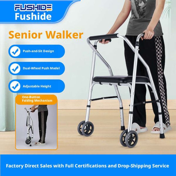 Multifunctional four-legged walker with wheels, elderly push chair, assistive walking aid, height-adjustable, portable, and can be used as a seat