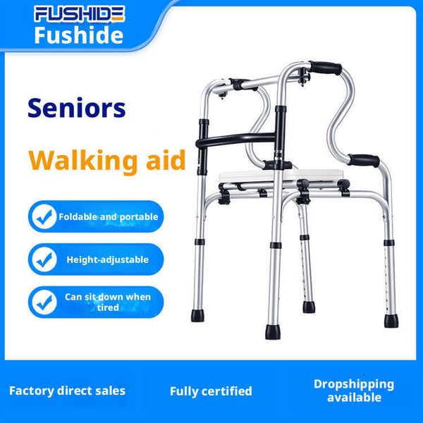 for Elderly, Aluminum Alloy, Wheeled, Four-Legged, Foldable, Adjustable Cane, Walking Aid with Seat Board, Dining Table Board