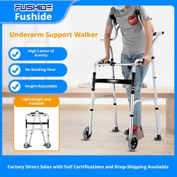Rehabilitation Walker Aluminum Alloy Standing Frame with Wheels Foldable Device Underarm Crutch Walking Aid Cushion Medical Portable Upgrade