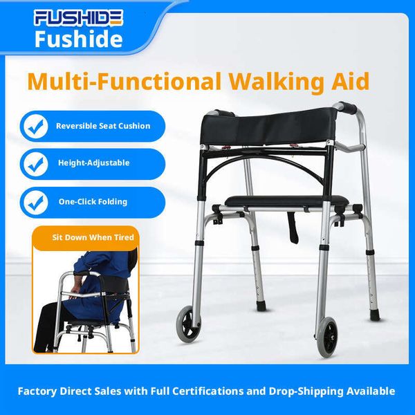 Aluminum alloy walker, cane, elderly walking aid, medical equipment, foldable rehabilitation device with wheels and cushion for pregnant women