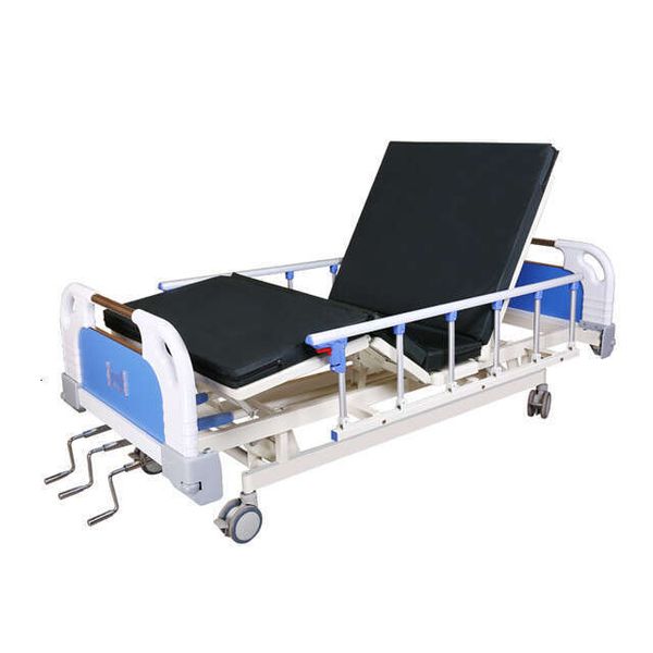 Manual iron handle bed, turn-over with overall lift and three-crank mechanism, composite headboard medical nursing bed