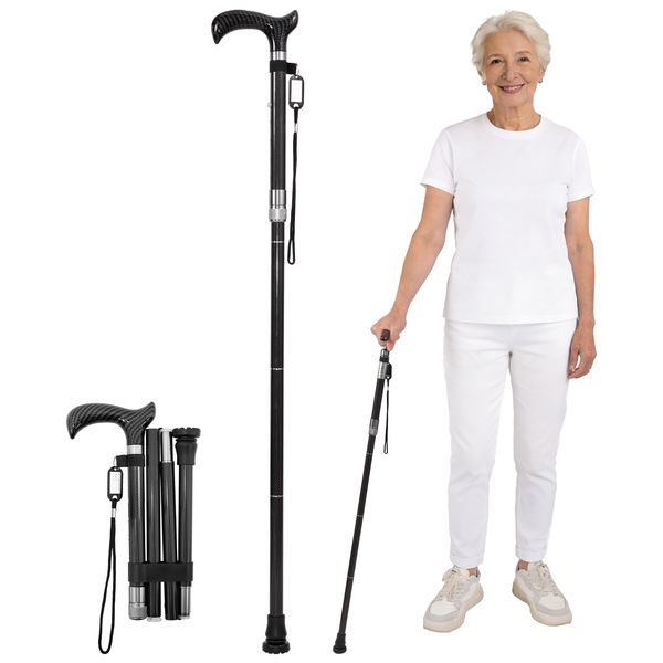 High-Strength Carbon Fiber Walking Stick, Adjustable Height Foldable Cane with Slip-Resistant Rubber Base & Metal Clips, Safe Crutch for Rehabilitation