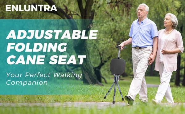 Multifunctional Folding Walking Cane with Seat - Adjustable Height Walking Stick with LED Light, Ergonomic Handle & Stable Tri-pod Frame for Elderly