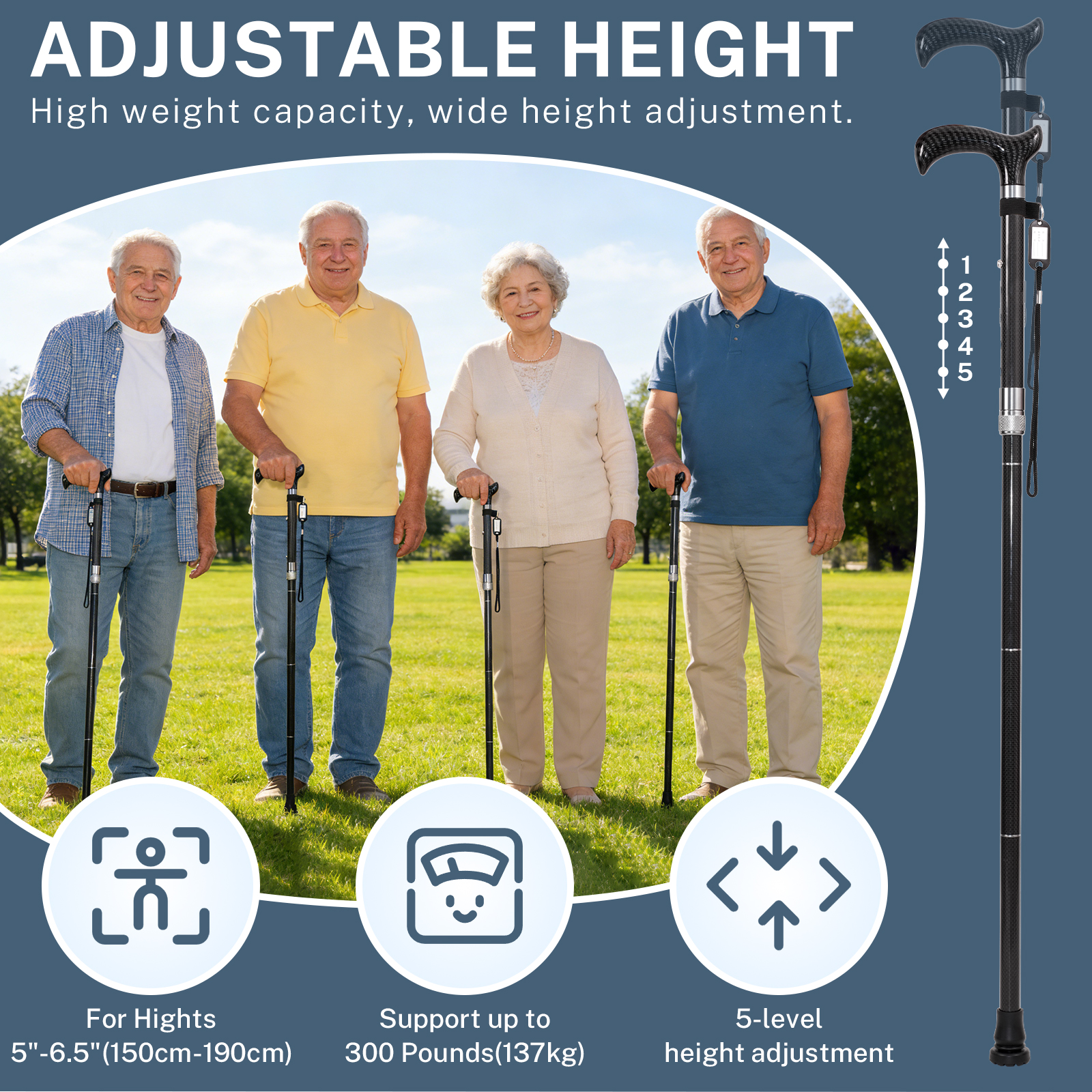 High-Strength Carbon Fiber Walking Stick, Adjustable Height Foldable Cane with Slip-Resistant Rubber Base & Metal Clips, Safe Crutch for Rehabilitation