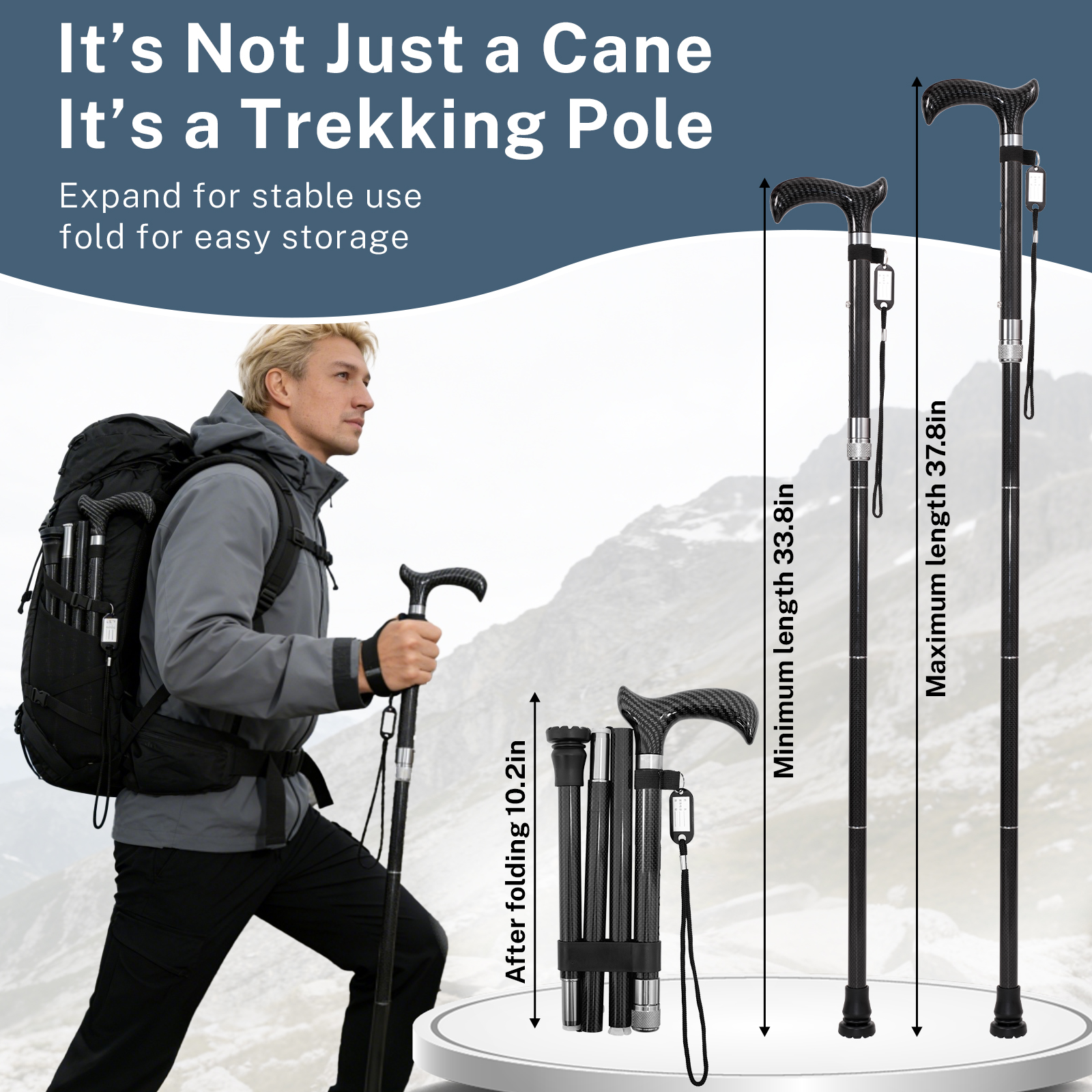 High-Strength Carbon Fiber Walking Stick, Adjustable Height Foldable Cane with Slip-Resistant Rubber Base & Metal Clips, Safe Crutch for Rehabilitation
