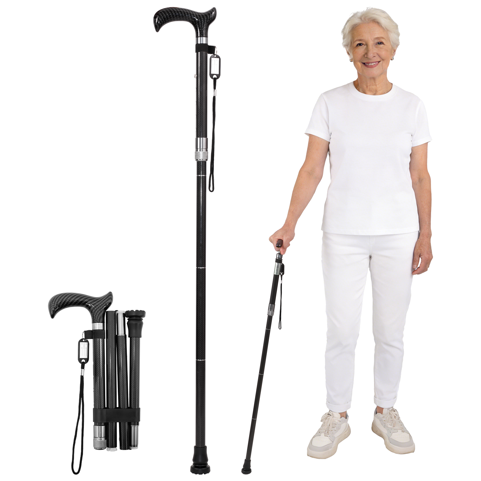 High-Strength Carbon Fiber Walking Stick, Adjustable Height Foldable Cane with Slip-Resistant Rubber Base & Metal Clips, Safe Crutch for Rehabilitation